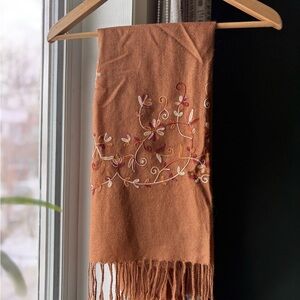 Embroidered Floral Scarf with Fringe
